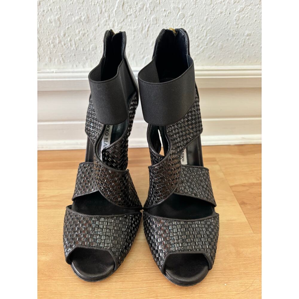 MANOLO BLAHNIK Black Patent Leather Woven Terreo High Heel Sandals $995 EU 39 - Picture 12 of 12